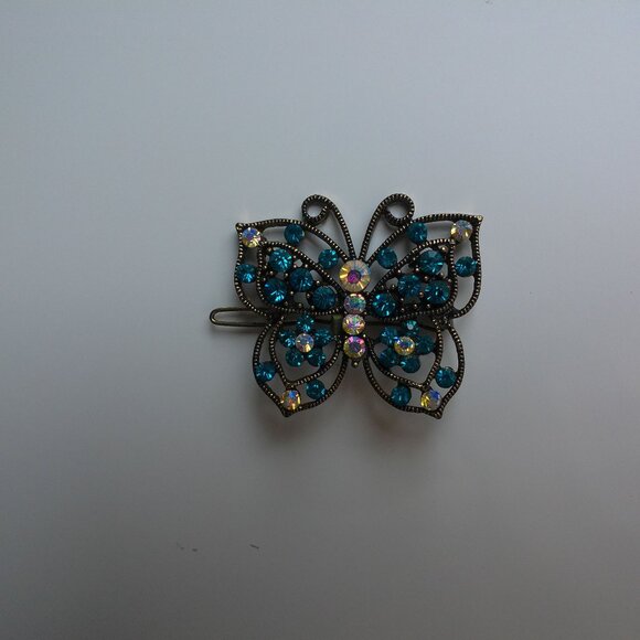 Butterfly Hair Clip, Gold color, blue rhinestone, shiny crystals - Picture 5 of 8